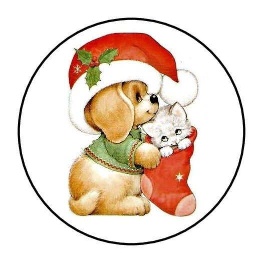 30 Cute Christmas Puppy Kitten Envelope Seals Labels Stickers 1.5″ Round