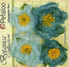 RUFFLED PEONY – TEAL BLUE 45 to 50mm x 4 Flowers with Centre FABRIC Petaloo A1