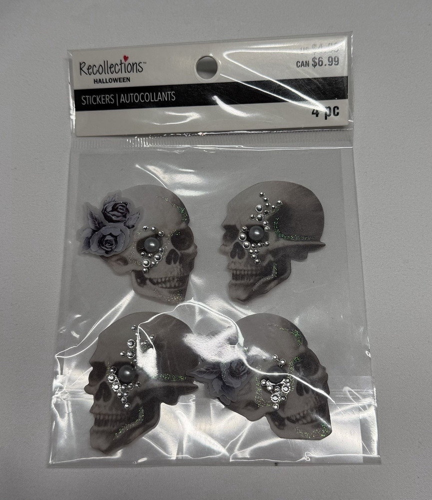 Recollections Halloween Skull Stickers 4 pc Gray Black White