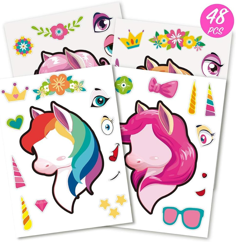 48 PCS Unicorn Stickers, Party Favors for Kids, Make a Face Sticker Sheets