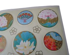 Floral Fans Asian Inspired Round Sticker Seals Vintage Hallmark Two Sheets GUC