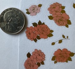 PEACH ROSE Gold Foil Mylar Stickers(16pc)3”x 4”Garden •Leaf•Flowers•Card Making•