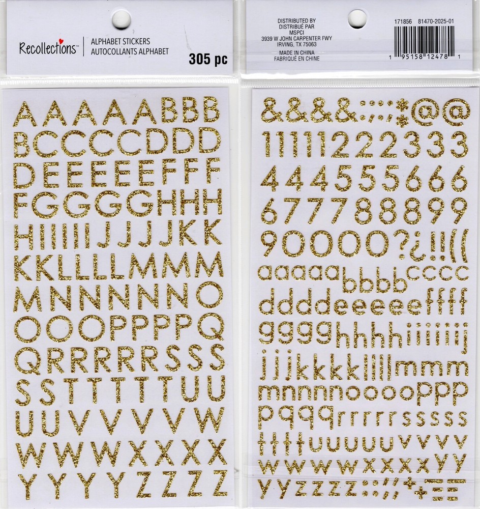 Alphabets, Gold glitter, scrapbook stickers, 4×7″ – Recollections #171856