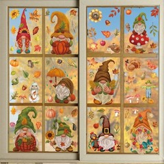 9 Sheets Autumn Maple Leaf Pumpkin Gnome Window Stickers PVC Fall Window Decals