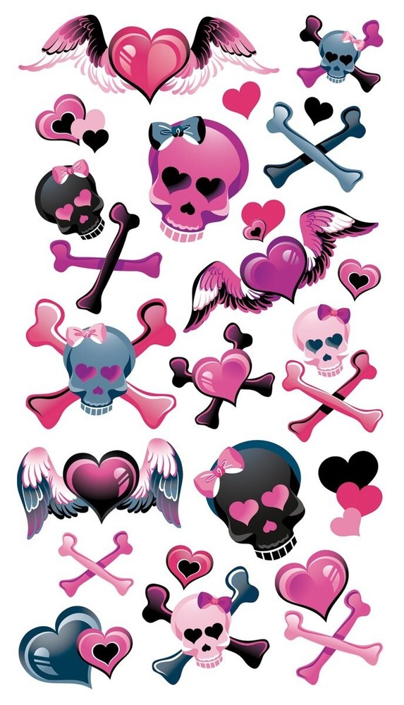 Crafts Sticko Stickers Girly Girl Skulls Pink Black Crossbones Hearts Bows Wings