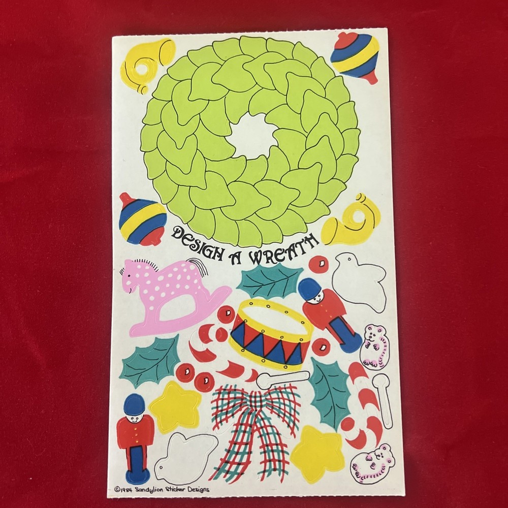 Vtg RARE Maxi Activity Sheet Stickers Sandylion Design A Wreath Christmas 1984