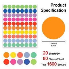 Misofuki Dot Stickers 3/4 Inch 20 Sheets 1600 Pcs