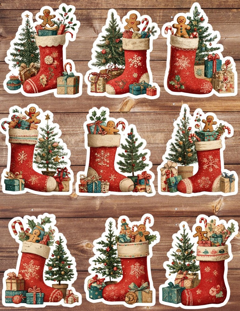 Christmas Stocking Vinyl Die Cut Stickers Set Scrapbooking Laptop Water Bottle