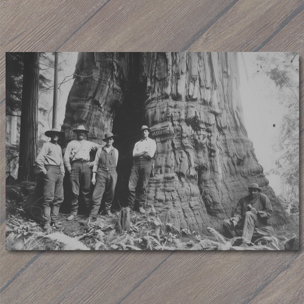 STICKER Giant Redwood Tree Men Posing Forest Retro Old School Wild Interesting