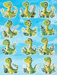 Cute Green Dinosaur Die Cut Vinyl Stickers Set Scrapbooking Laptop Waterbottle