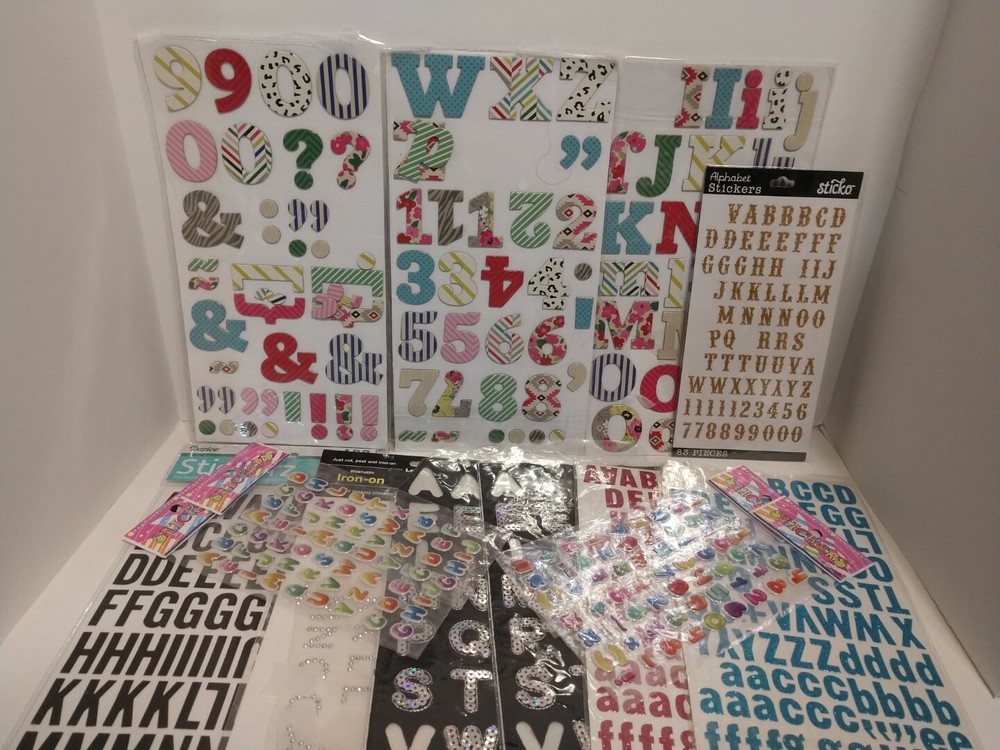 Lot of Alphabet, Letters & Number Stickers ~ 14 Sheets ~ Cardboard,Glitter,Puffy