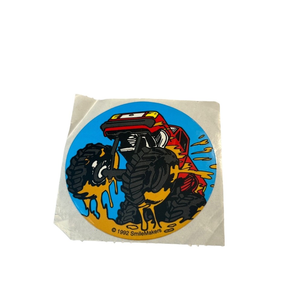 Vintage 1992 SmileMakers Monster Truck Sticker Big Tires 2.5″ Round New