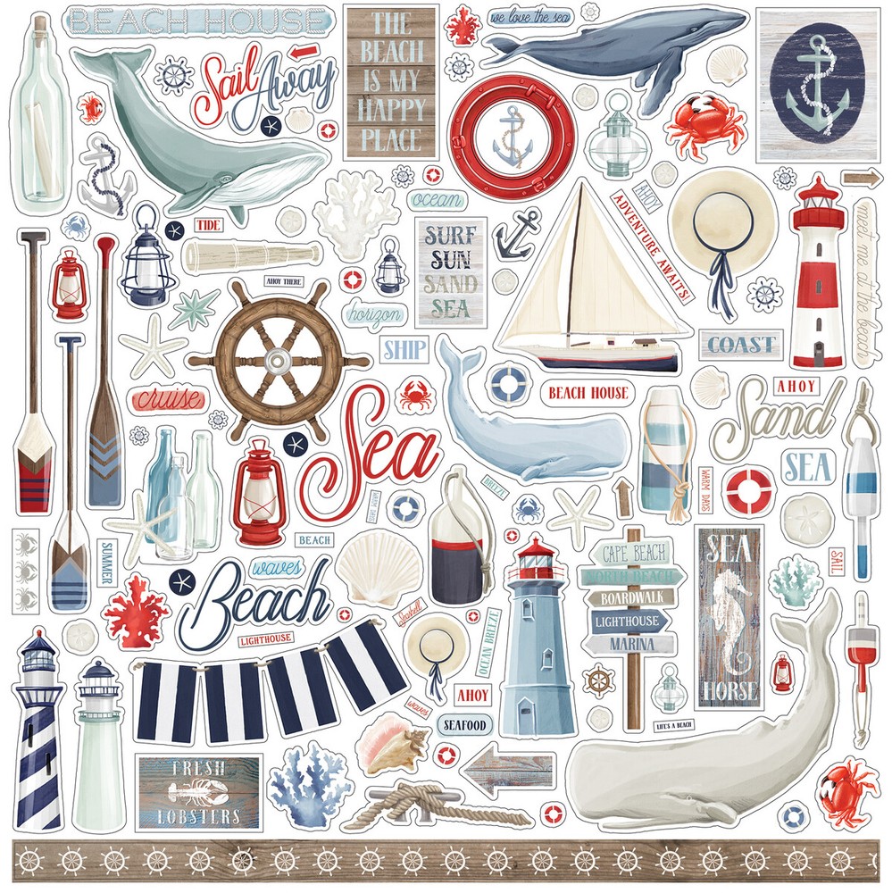 (1) 12×12 Sheet of Carta Bella Paper BY THE SEA Scrapbook Element Stickers