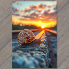 STICKER Snail Railroad Track Sunset Glow Peaceful Journey Serene Train