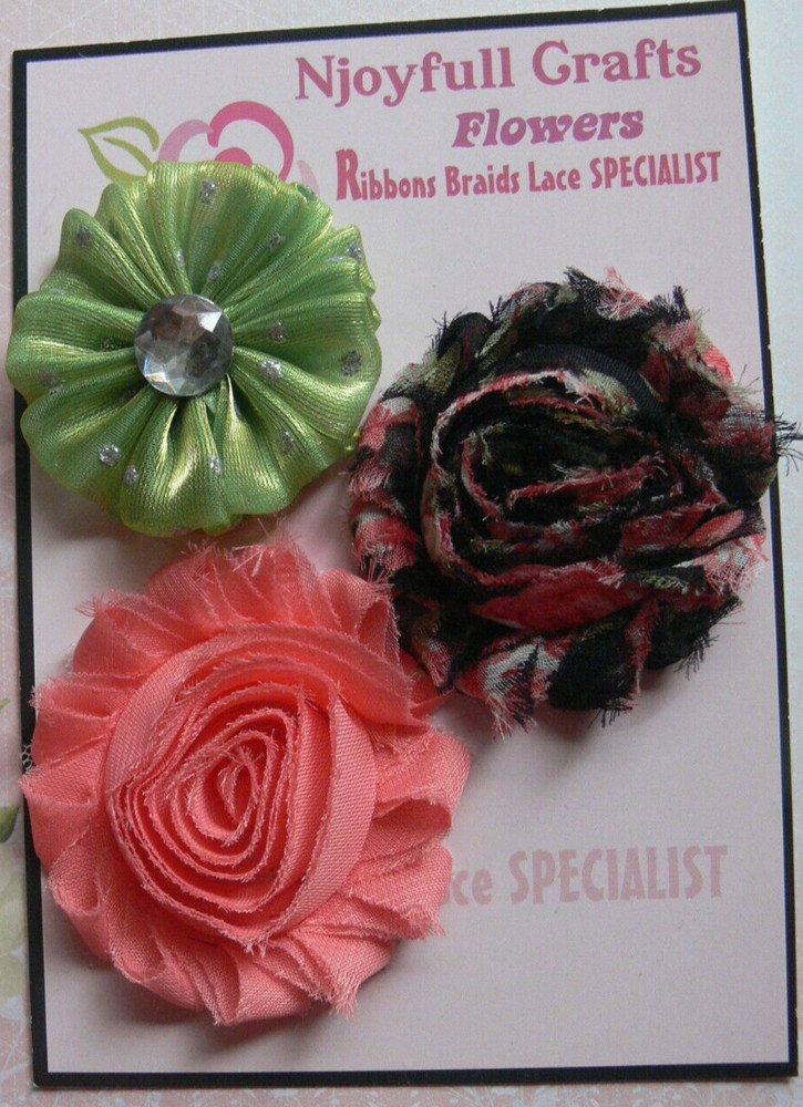 APRICOT BLACK GREEN Blend Mix – Fabric Organza 3 Pack Flower 50-60mm N4 NJC