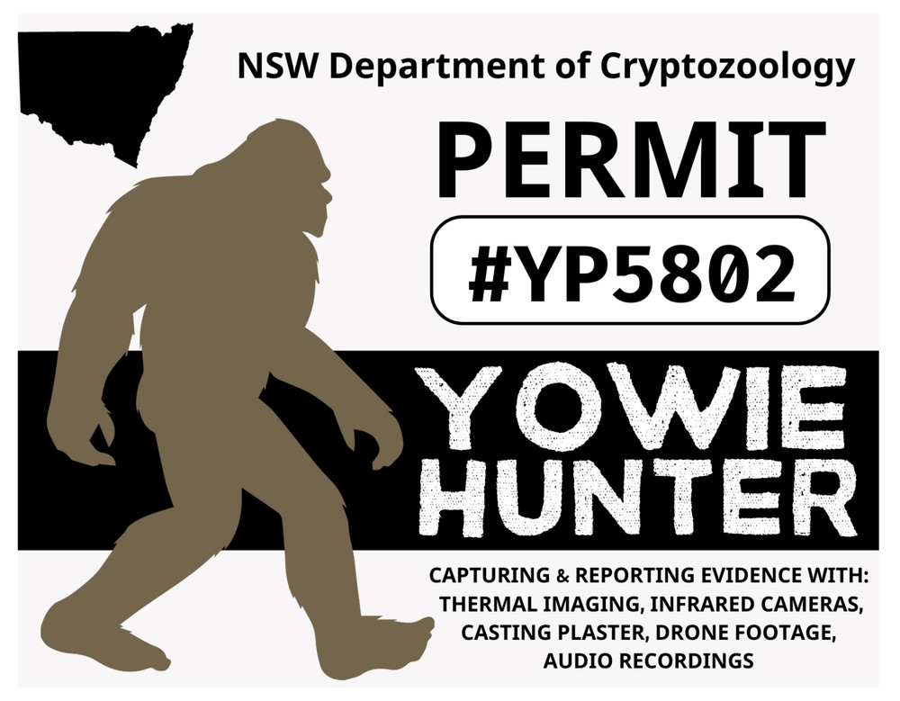NSW YOWIE HUNTER PERMIT Glossy Vinyl Sticker NEW New South Wales Cryptid Bigfoot