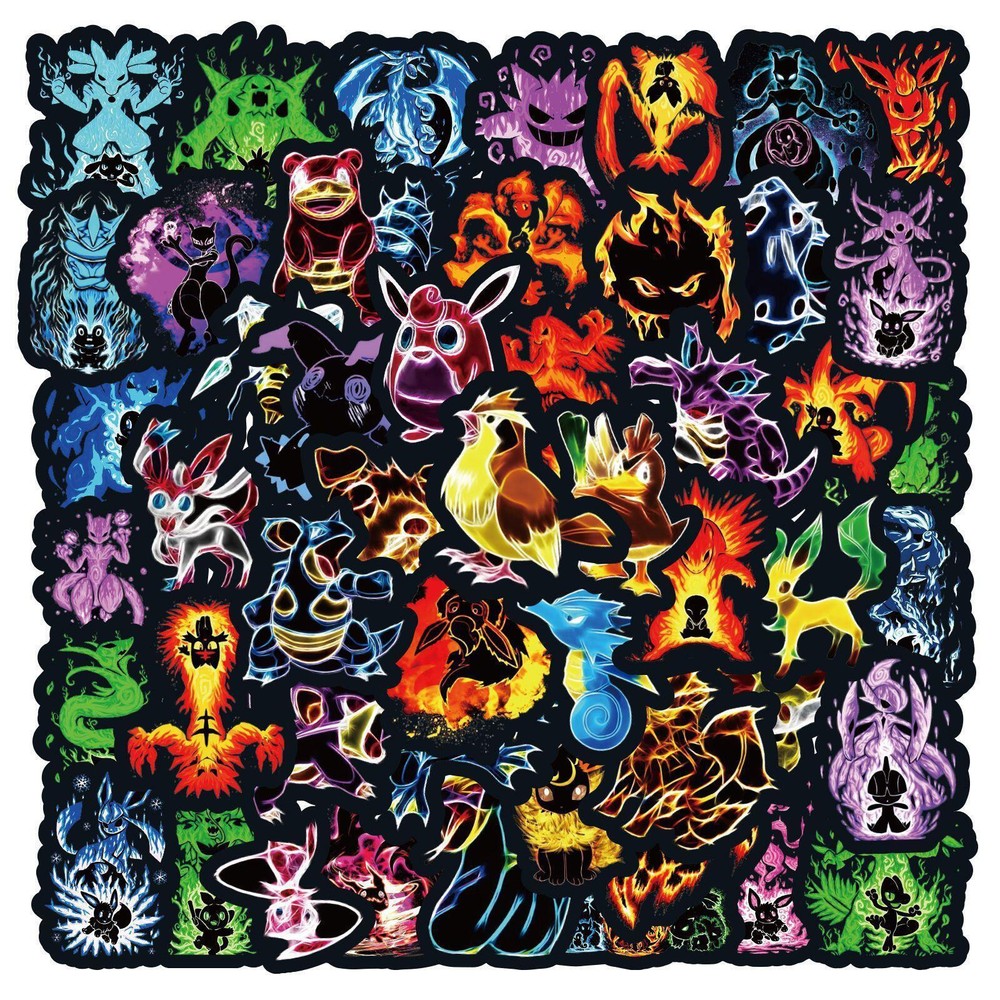 60 pcs Neon Pokemon Cartoon Stickers Pack Anime For Laptop Skateboards Luggage