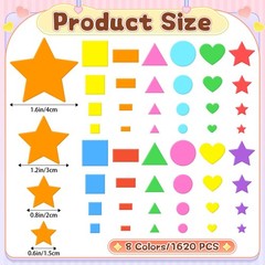 1620Pcs Foam Stickers Foam Shape Stickers Colorful Adhesive,8 Colors Heart St…