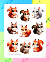 Fluffy Squirrels Sticker Sheet Orange Red Gray Brown Tan
