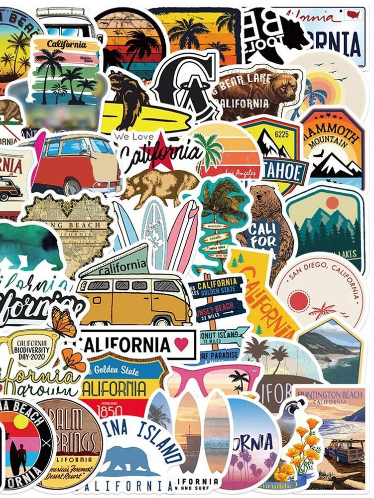 50 Pcs Sunny California State Stickers Landscape Travel USA Waterproof Vinyl