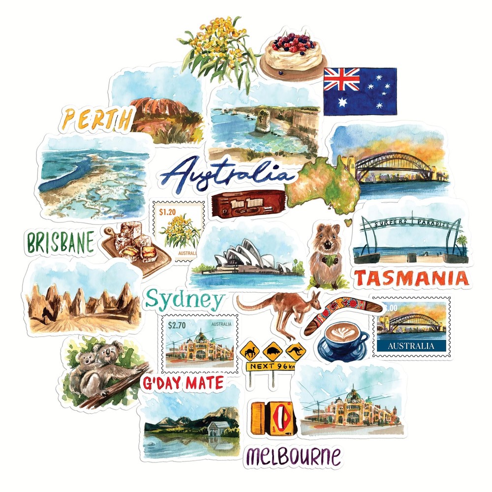 Navy Peony Outback Australia Travel Stickers (32pcs) — for Vibrant Color