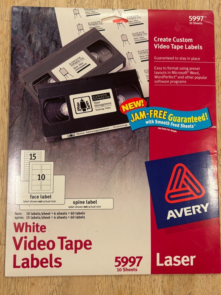 Avery – 5997 – White Laser Video Tape Labels – 60 Face and 60 Spine Labels