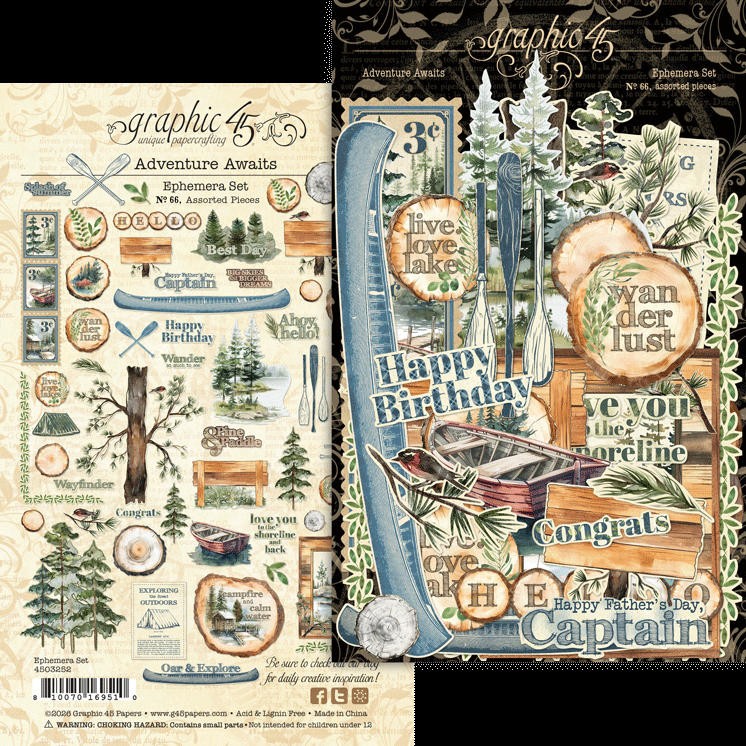 Graphic45 ADVENTURE AWAITS (66pc) DIE-CUT EPHEMERA ASSORTMENT scrapbooking