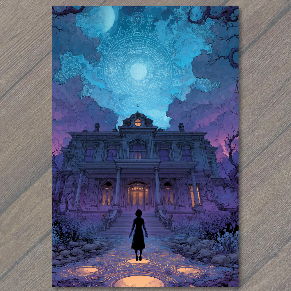 STICKER Woman Standing Portal Glowing Circles Mansion Full Moon Magic Symbols