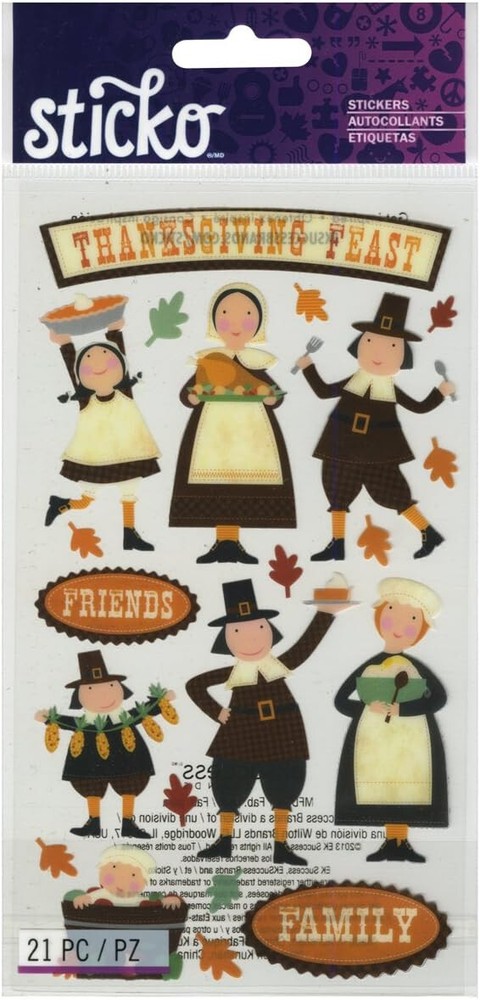 Sticko Thanksgiving Fun Sticker 21 pc Fall Pilgrim Feast Family Leaves