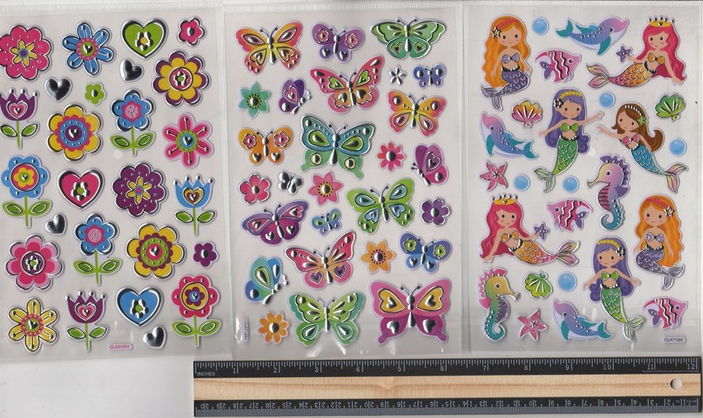 Sparkle Stickers Embossed/Foil,3 Sheets/1 of Flowers,of Butterflies,Mermaids