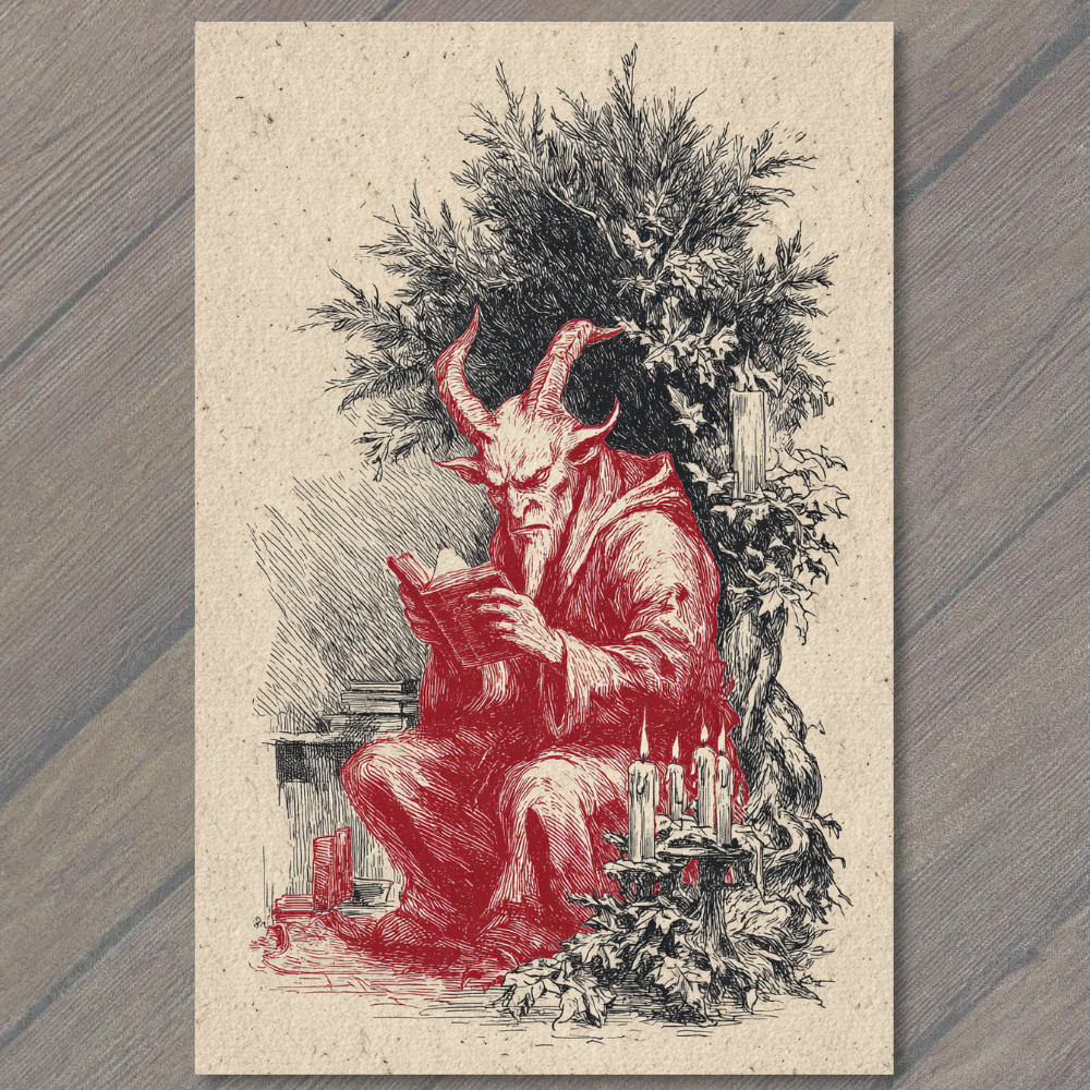 STICKER Red Devil Reading Book Christmas Candles Tree Vintage Gothic Holiday K