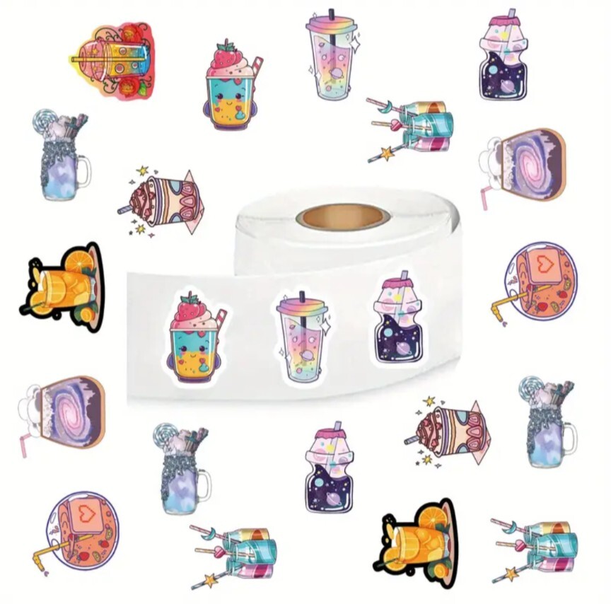 500 pcs Sticker Seals Roll Cartoon Drink Beverages Semi Gloss Self Adhesive NEW