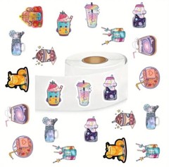 500 pcs Sticker Seals Roll Cartoon Drink Beverages Semi Gloss Self Adhesive NEW