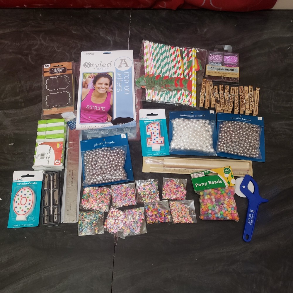 HUGE Crafting Lot Stickers Beads Straws Clothespins Pearls Candles Rulers Crafts
