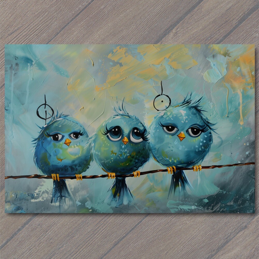 STICKER Birds On A Wire Cute Big Eyes Acrylic Painting Cartoon Style Colorful