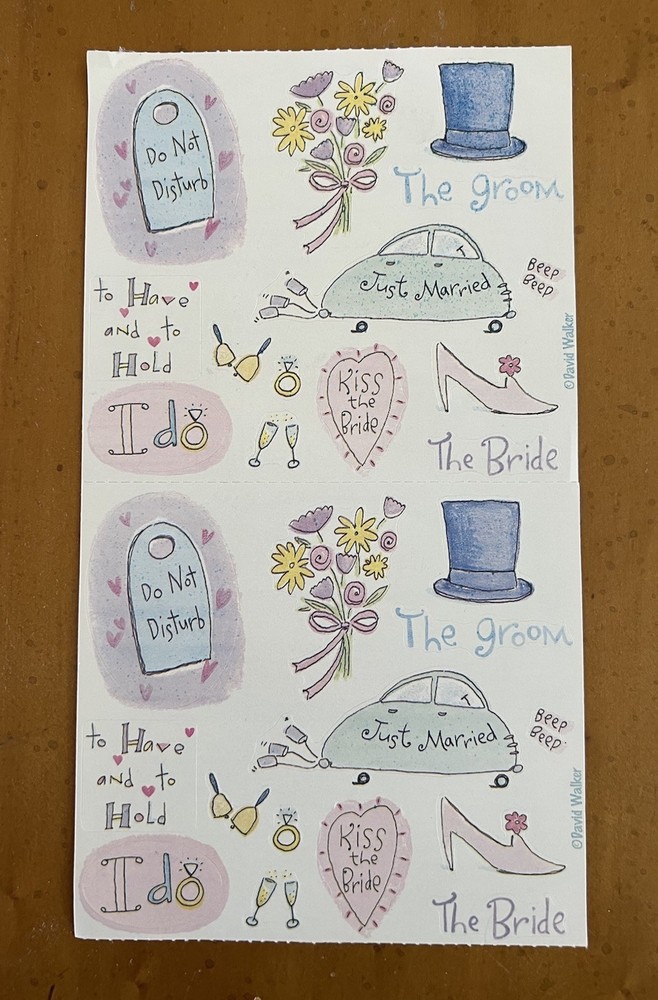 David Walker WEDDING Stickers Modern Slogans “Just Married” Rings, Bouquet