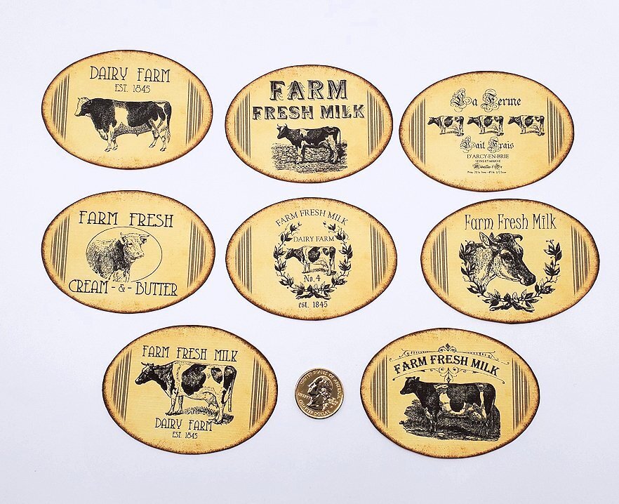 8-Primitive-Farmhouse-Country-Dairy-Oval-Farm-Linen Cardstock-Labels-Stickers
