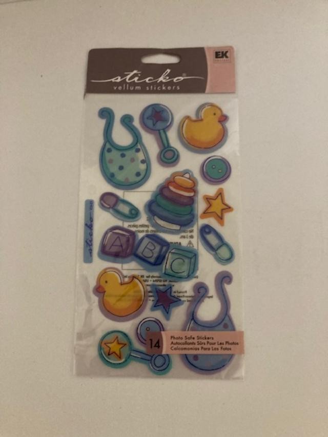 EK Success – Sticko Stickers – Vellum – Baby Boy Accessories – 14 Pieces – New