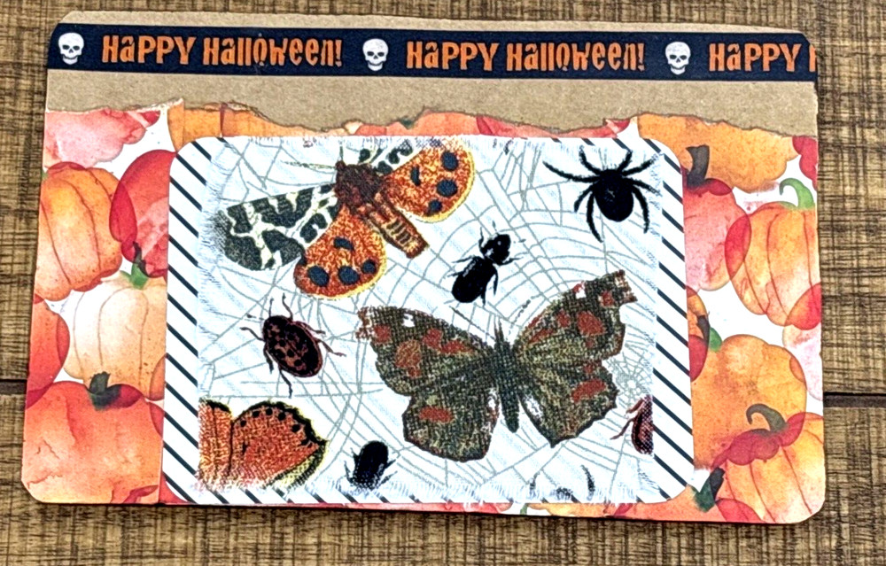 Handmade Junk Journal Card Mixed Media Paper, Fabric Moths Spiders 1 pcs 4″ x 6″