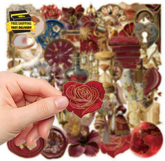 50PCS Vintage Red Gold Stickers for Scrapbooking, Aesthetic Retro Victorian Flor