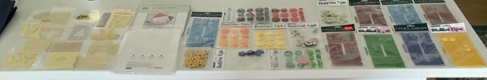 LOT OF 33 SCRAPBOOKING CARD MAKING ENVELOPES, EMBOSSING STENCILS, BUTTONS