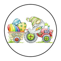 30 EASTER STICKERS ENVELOPE SEALS LABELS 1.5″ ROUND GNOME ON TRACTOR EGGS