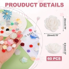 20mm Resin Rose Flatback Charms, 60 Pcs Cabochon Embellishment, White