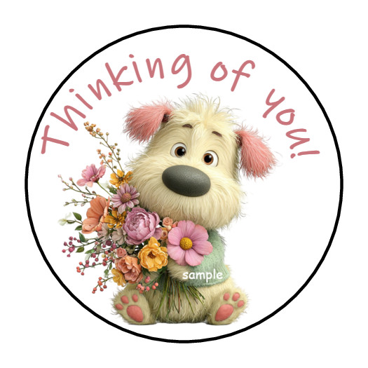 Thinking of you puppy with Flowers Envelope Seals Labels Stickers 1.5″ Round (30