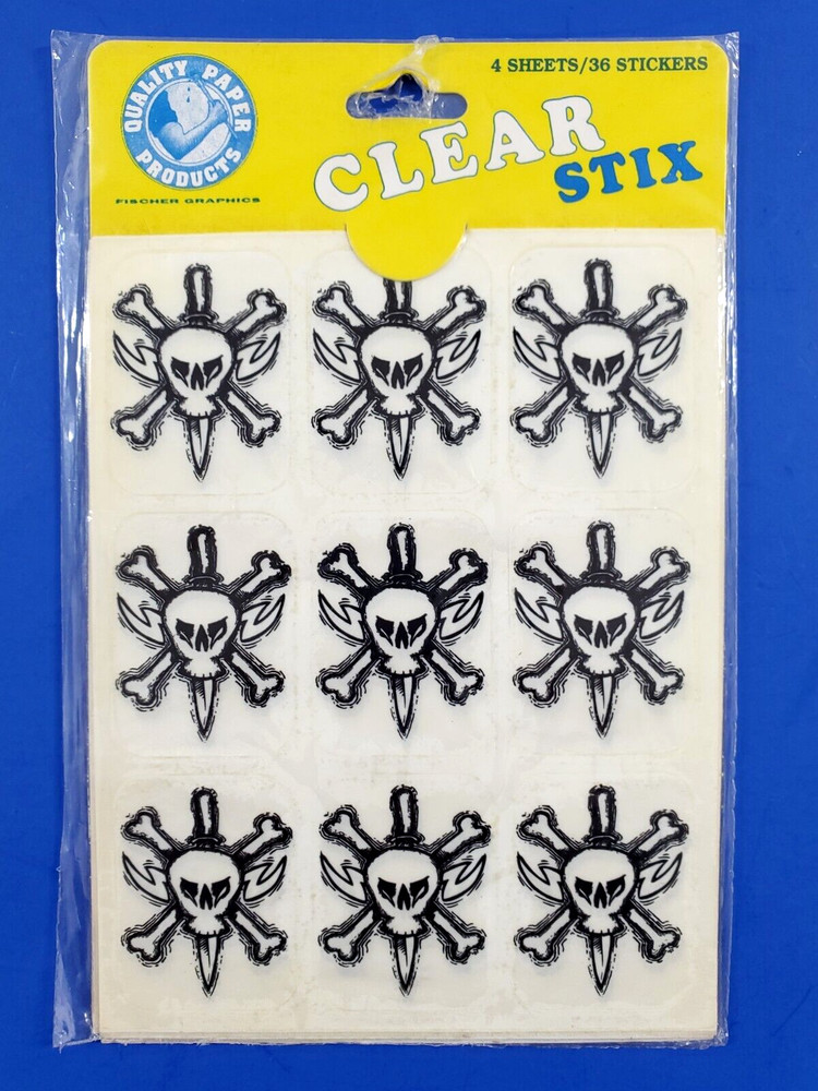 Vintage NOS Quality Paper Products Skull Crossbone Halloween Clear Stix Stickers