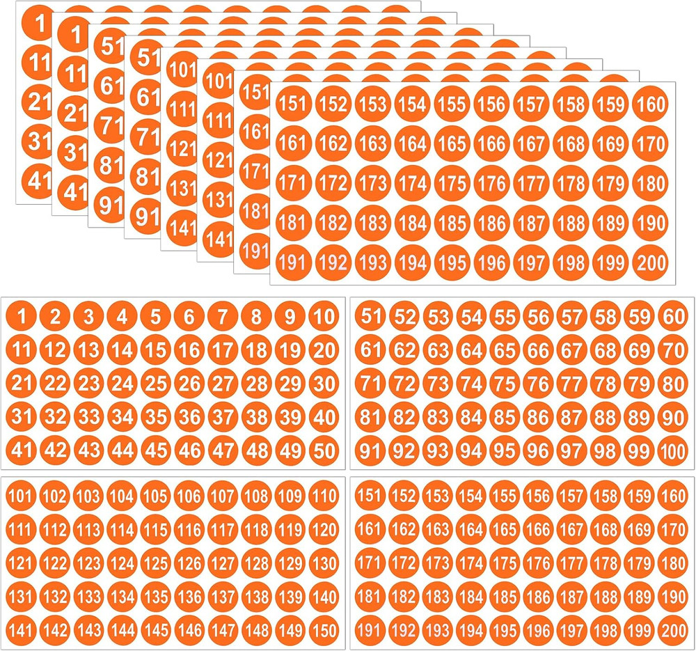 12 Sheets 1 to 200 Vinyl Number Stickers Orange Consecutive Number Stickers 3 Se