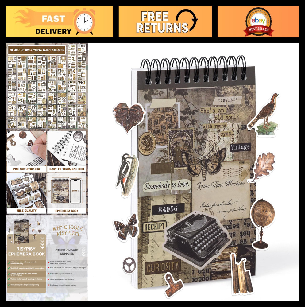 Vintage Pre-Cut Washi Stickers for Journaling – 595PCS Scrapbooking Ephemera, DI