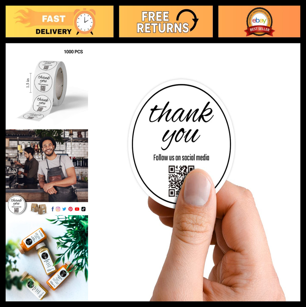 1000 pcs 1.5” Thank You QR Stickers Roll for Small Business – Boost Social Media