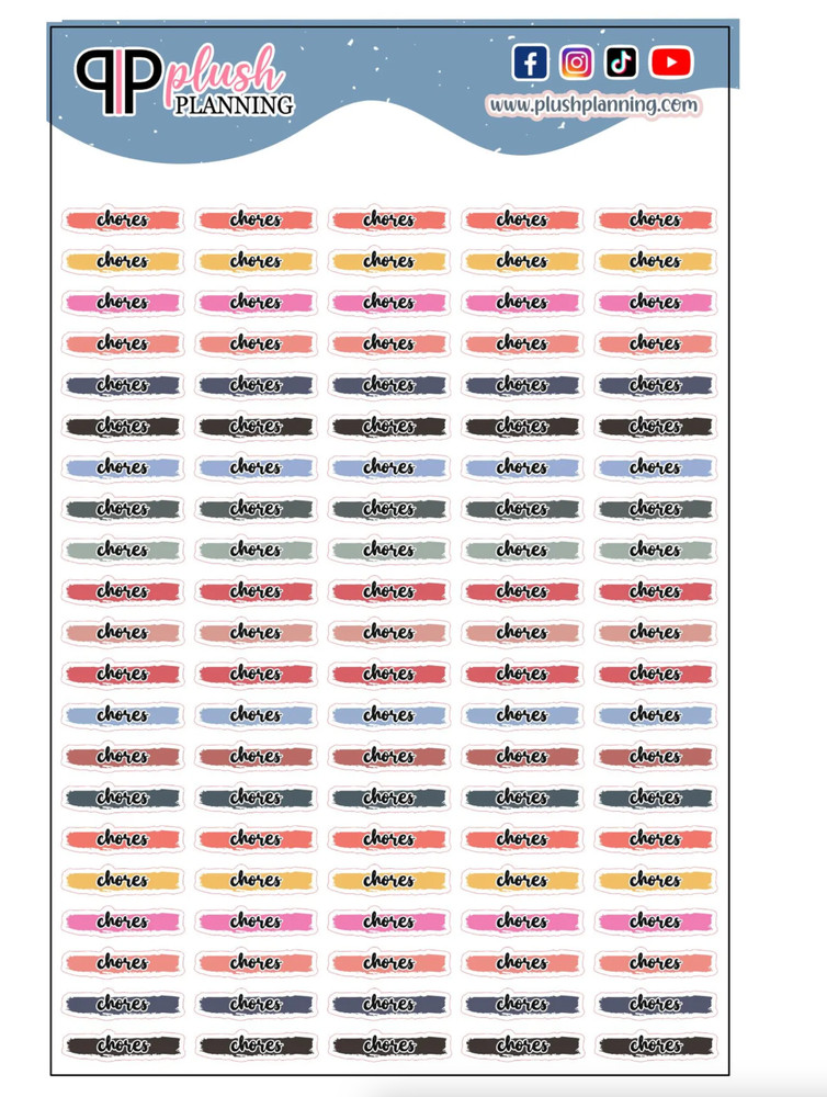 Chores Script Brush Stroke Label Planner Stickers, Laurel Denise Inspired Colors