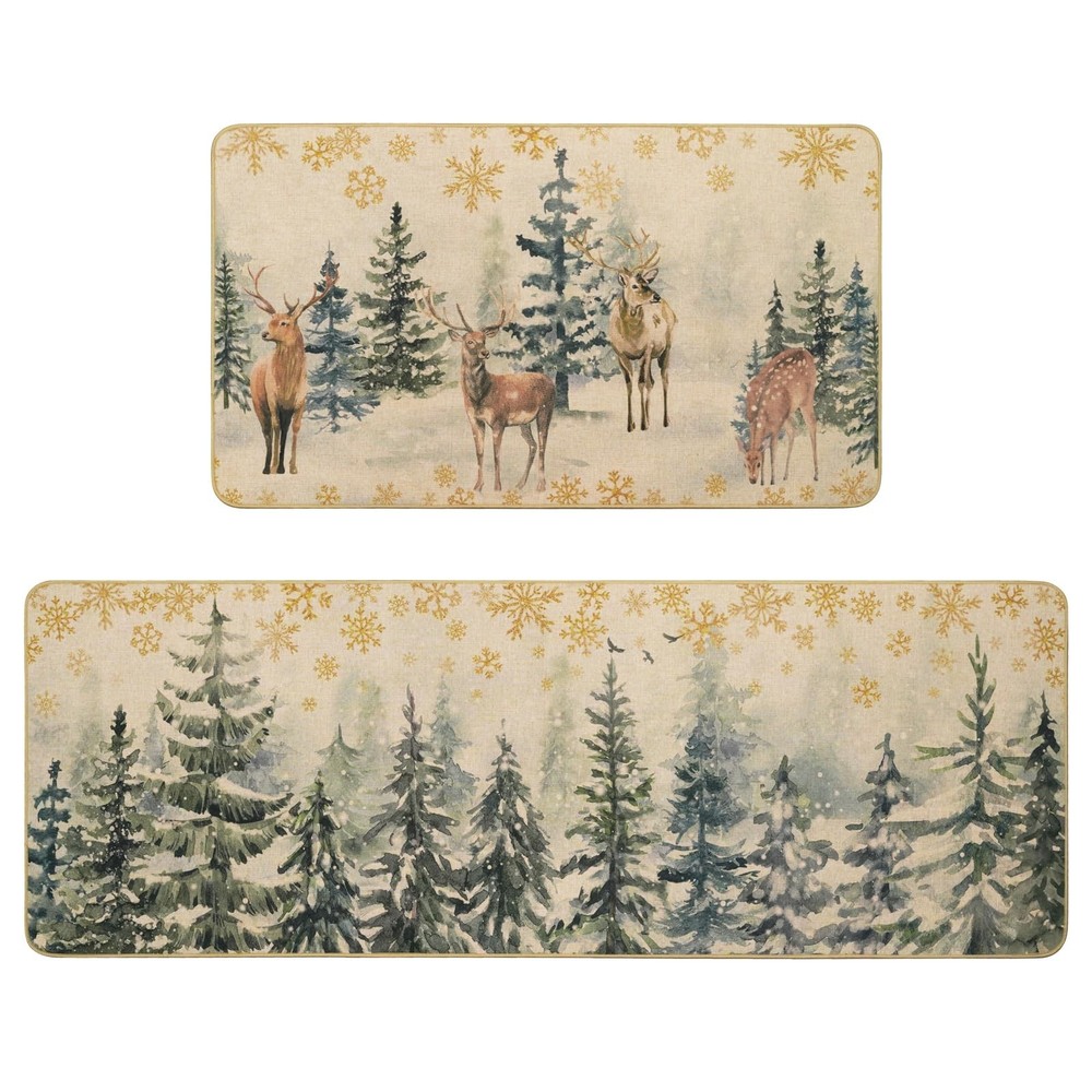 MEHOFOND Christmas Kitchen Rugs Set of 2,Xmas Trees Deer Snowflakes Kitchen R…